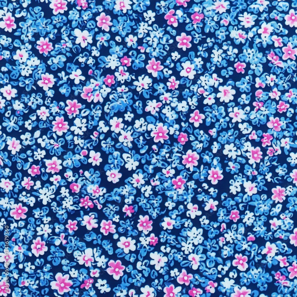 A vibrant floral pattern featuring small blue and pink flowers on a dark navy background, perfect for fabric design. A vibrant floral pattern featuring small blue and pink flowers on a dark navy background, perfect for fabric design.