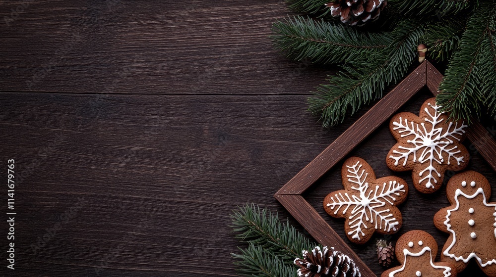 Christmas eve gingerbread cookies with pine cones in cozy setting Christmas eve gingerbread cookies with pine cones in cozy setting