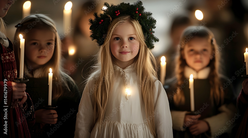children in traditional Christmas attire holding candles during a holiday service