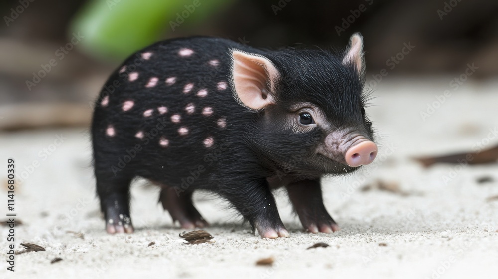 Adorable Black Piglet with Pink Spots on White Ground Adorable Black Piglet with Pink Spots on White Ground