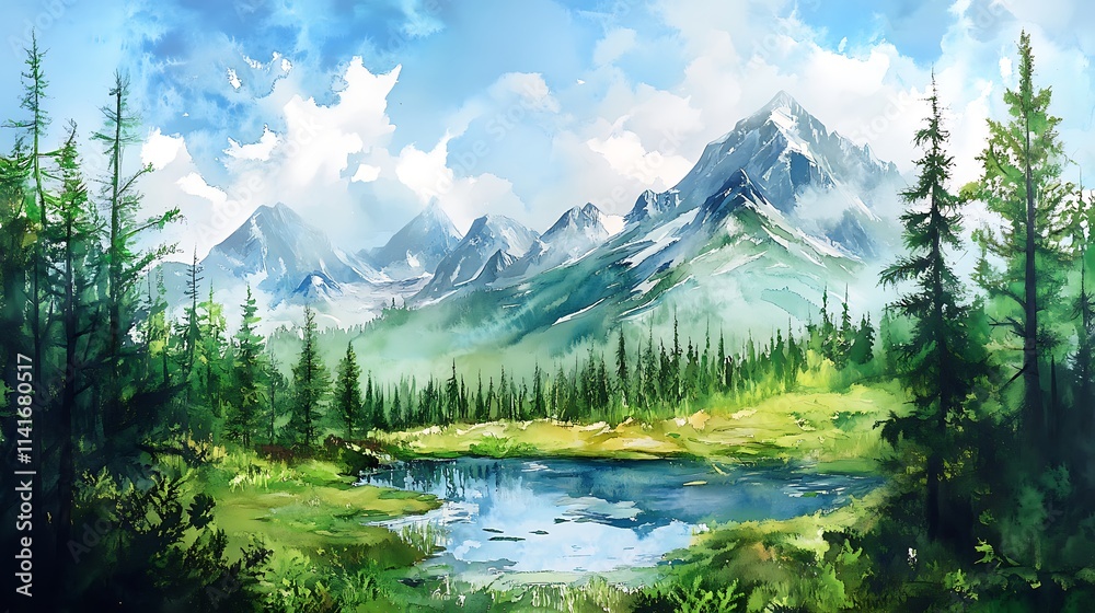 Vividly painted mountains meet glassy pond hand-drawn fantasy-inspired artwork. AI Generated Vividly painted mountains meet glassy pond hand-drawn fantasy-inspired artwork. AI Generated