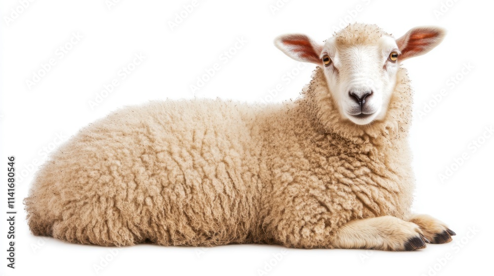 Calm Sheep with Thick Wool on White Background Calm Sheep with Thick Wool on White Background