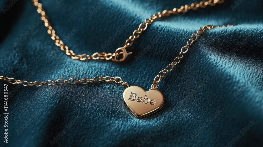 A delicate gold bracelet with a heart charm placed on a velvet surface, text: A delicate gold bracelet with a heart charm placed on a velvet surface, text:
