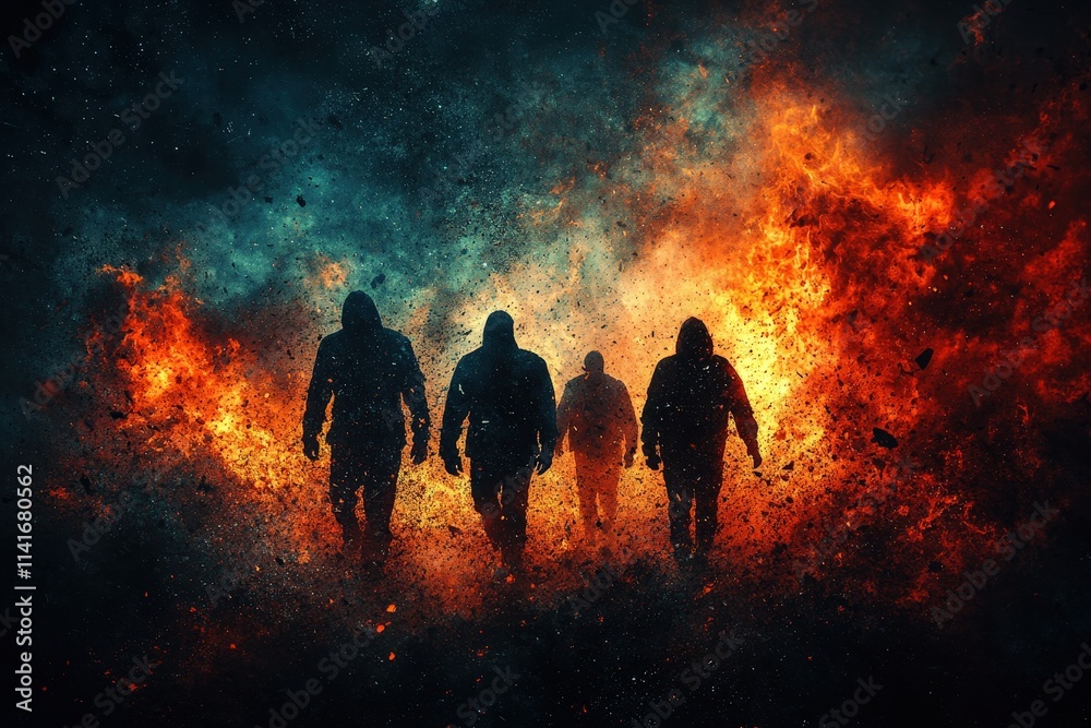 Four shadowy figures walk through a fiery landscape, embodying strength and mystery against a backdrop of swirling smoke and flames. Four shadowy figures walk through a fiery landscape, embodying strength and mystery against a backdrop of swirling smoke and flames.