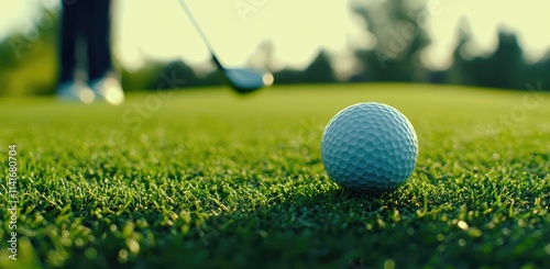 Closeup of a golf ball on the grass, ready for a perfect shot, ideal for golf club promotions and sports magazine covers