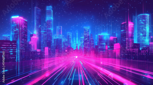 Futuristic city glowing with vibrant neon lights dynamic, energetic scene