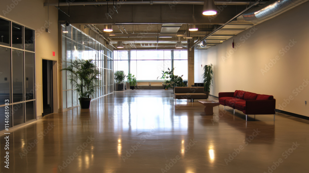 Modern office lobby calm atmosphere polished concrete floor red sofa plants large windows natural light industrial style minimalist design open space meeting area waiting area contemporary sleek