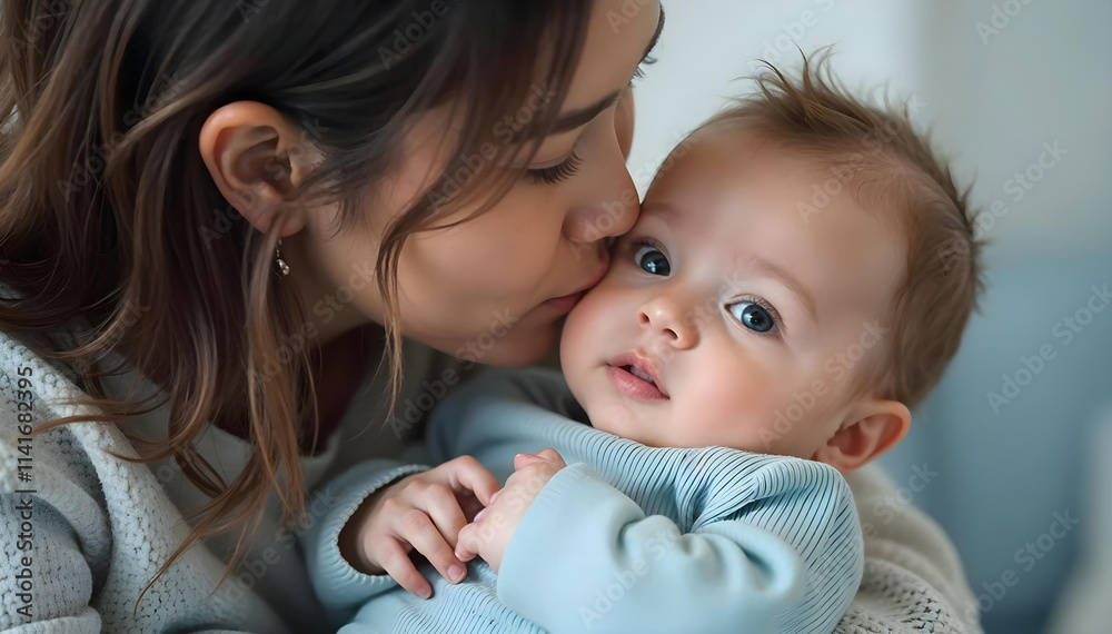 Loving mother tenderly kissing her baby while cuddling together on a cozy bed in a warm and peaceful Loving mother tenderly kissing her baby while cuddling together on a cozy bed in a warm and peaceful