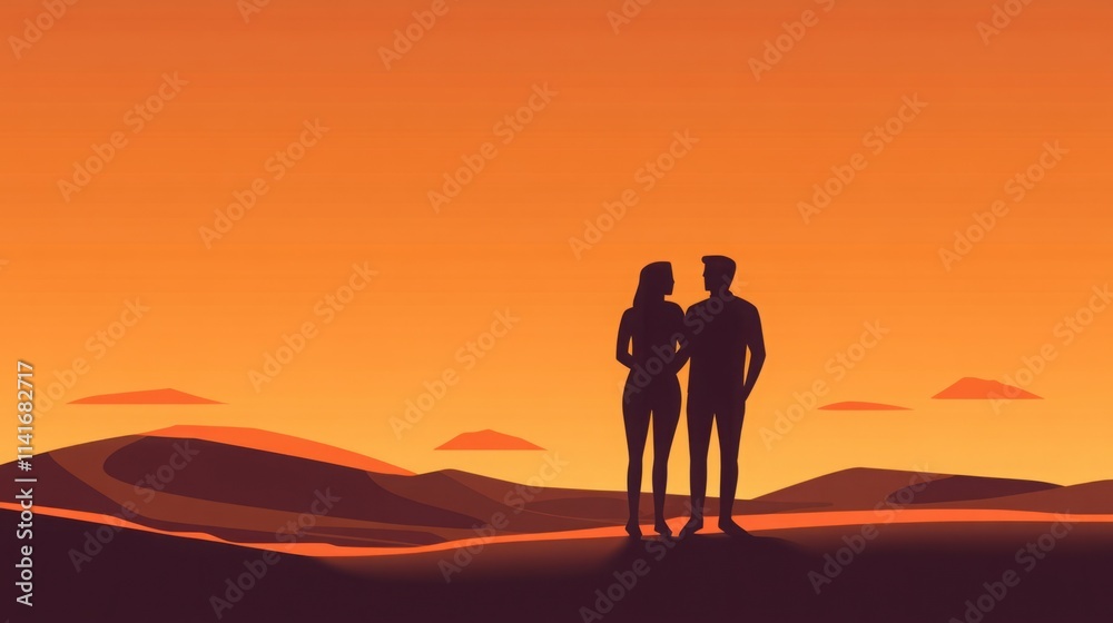 Romantic Silhouette of a Couple Against a Vibrant Sunset Over Desert Landscape, Capturing Intimacy and Connection in Nature's Beauty Romantic Silhouette of a Couple Against a Vibrant Sunset Over Desert Landscape, Capturing Intimacy and Connection in Nature's Beauty