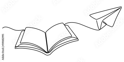 Book with flying paper airplane continuous line drawn. Education linear symbol. Vector illustration isolated on white, Single line drawing of content for school, education, study Vector illustration.