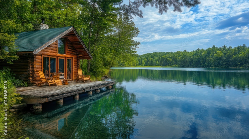 A peaceful lakeside cabin with a wooden deck, surrounded by lush green trees and the calm A peaceful lakeside cabin with a wooden deck, surrounded by lush green trees and the calm