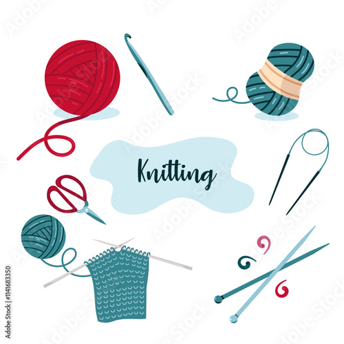 Knitting kit. Hand drawing. Knitting tools. Yarn, knitting needles, ball of wool, skein of wool, basket, hook, pins. Needlework. Vector illustration
