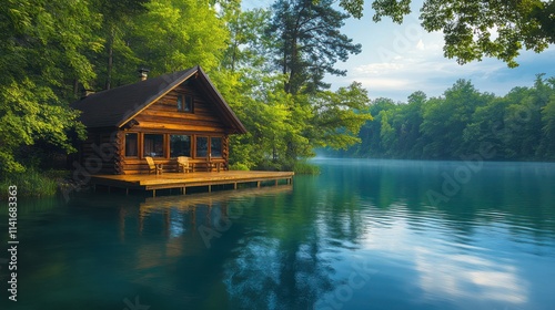 A peaceful lakeside cabin with a wooden deck, surrounded by lush green trees and the calm