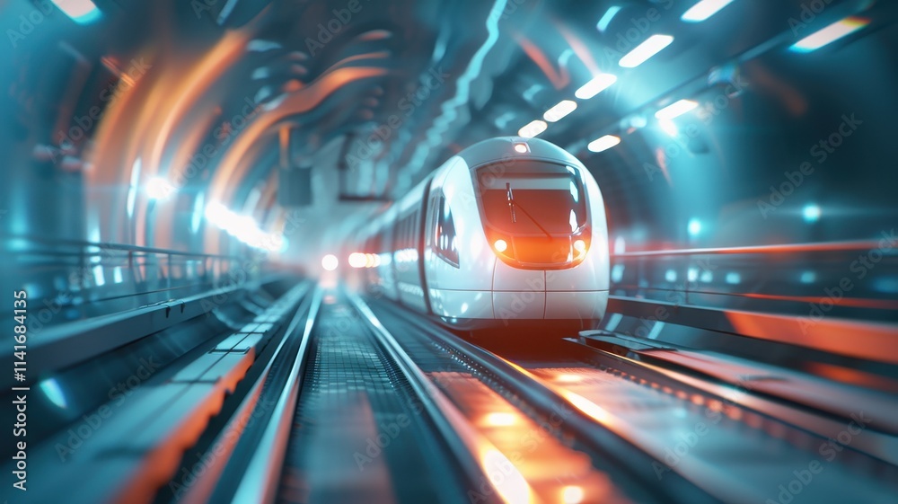 Fototapeta premium A futuristic train speeds through a brightly lit tunnel, showcasing motion blur and vibrant colors.