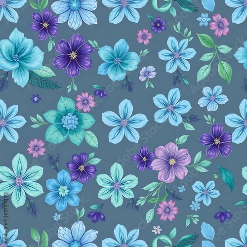 Blue and Purple Floral Pattern: A whimsical and elegant seamless pattern with a charming blend of blue and purple flowers on a soft gray background. Perfect for crafting, textiles.