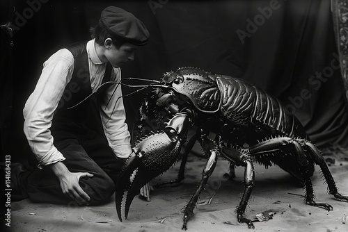 A young man interacts with a giant, surreal lobster in a black and white setting. photo