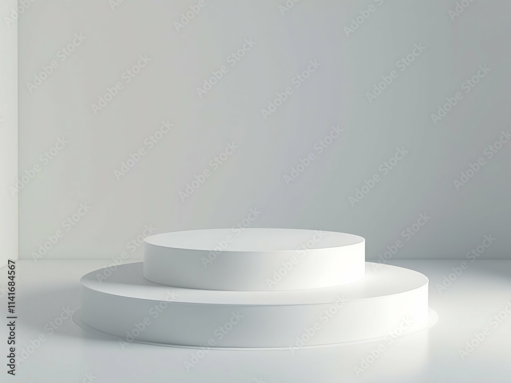 3D white circular podium mockup in minimalist studio background 3D white circular podium mockup in minimalist studio background