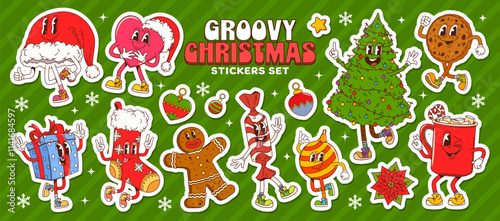 Groovy Christmas stickers pack featuring festive characters and cheerful holiday decorations. Cartoon vector heart, Santa hat, gift box, gingerbread man, candy and pine tree with cookie and cocoa mug