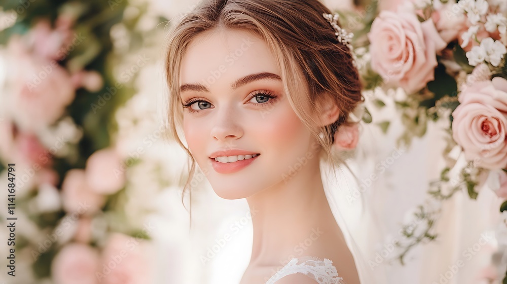 Obraz premium Radiant Bride's Wedding Day Makeup Look: Outdoor Floral Setting. AI Generated