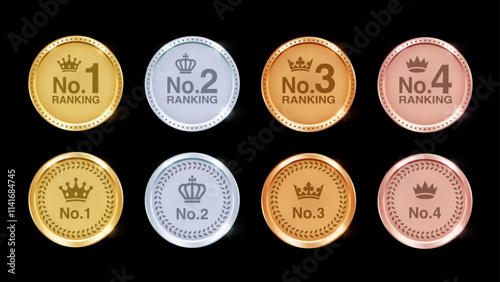 Gold, Silver, Bronze and Rose Gold Medal Set. Champion Trophy Awards with Numbers, Crown and Laurel. Sports Prizes for 1st, 2nd, 3rd and 4th Place on White Background. Vector.