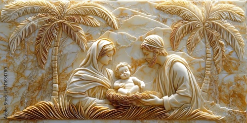 A piece of nativity art depicting Mary, Joseph, and the baby Jesus in a peaceful scene. photo