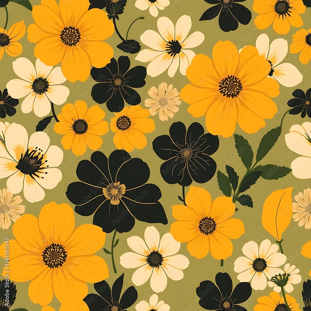 Retro Floral Pattern: A vibrant and cheerful seamless pattern featuring a medley of yellow, black, and white flowers on a muted green background. Perfect for textile, wallpaper. Retro Floral Pattern: A vibrant and cheerful seamless pattern featuring a medley of yellow, black, and white flowers on a muted green background. Perfect for textile, wallpaper.