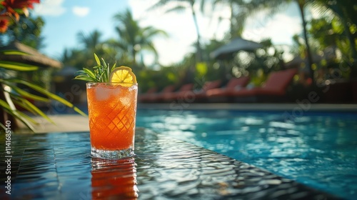 poolside scene with a refreshing drink on a table, surrounded by lounge chairs and tropical plants
