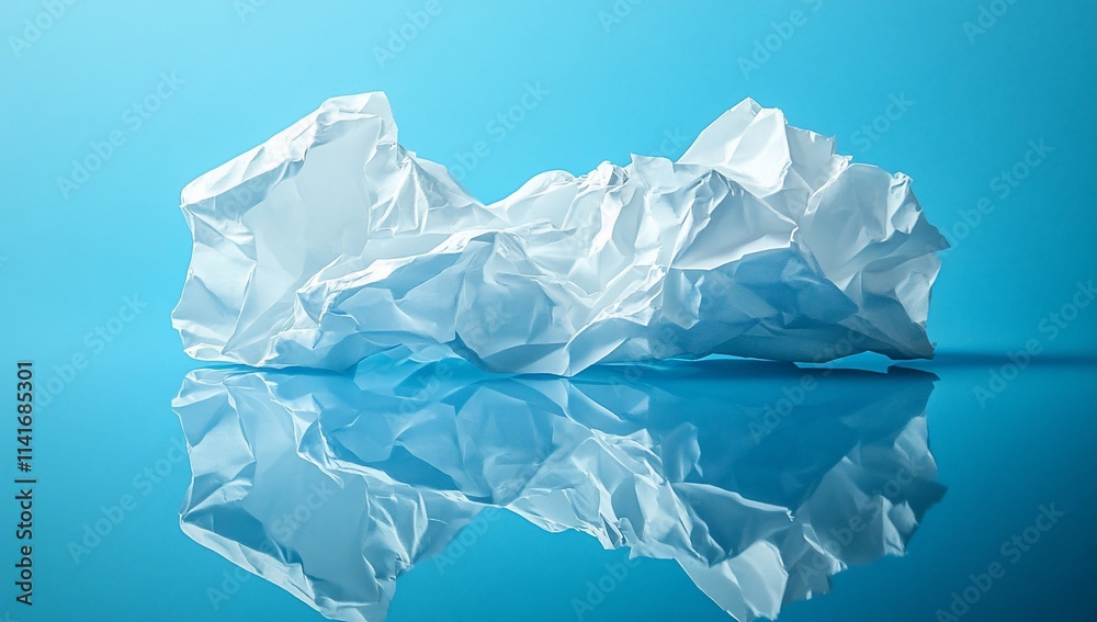 Crumpled white paper reflecting on blue surface. Crumpled white paper reflecting on blue surface.