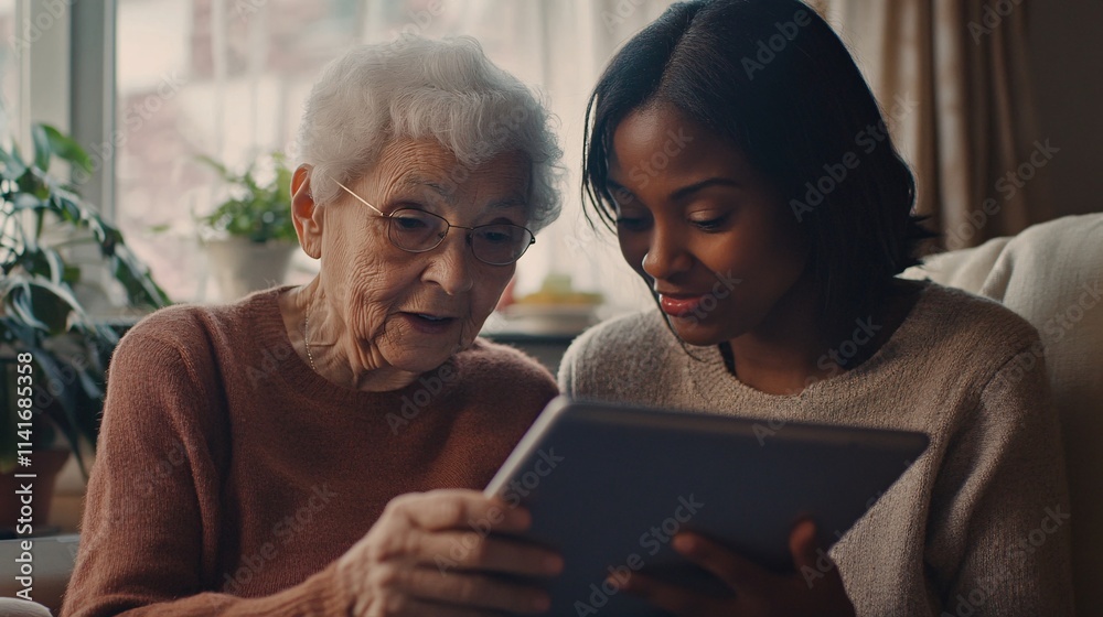 Elderly Woman and Young Girl Engaging with Tablet Together Elderly Woman and Young Girl Engaging with Tablet Together