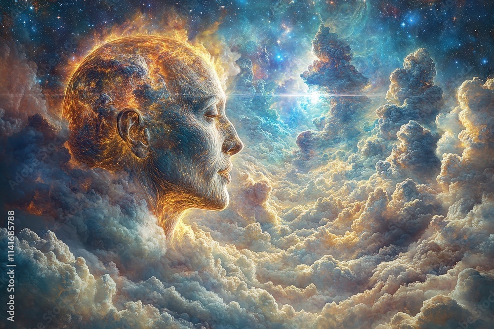 A serene, ethereal male figure emerges from cosmic clouds, symbolizing deep thought and connection to the universe. A serene, ethereal male figure emerges from cosmic clouds, symbolizing deep thought and connection to the universe.
