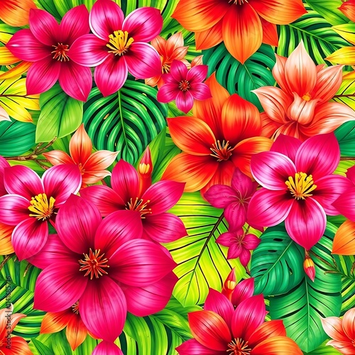 Vibrant Tropical Floral Paradise: A lush, vibrant seamless pattern bursting with exotic flowers and tropical leaves in dazzling hues of pink, orange, and green.