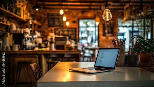 Wallpaper Mural Desk Laptop with blank screen on table blur background with bokeh Torontodigital.ca