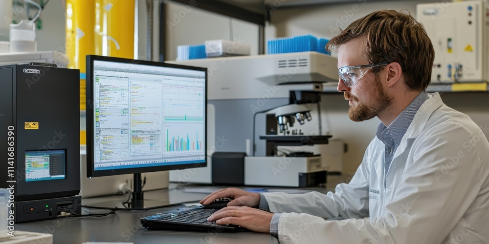 A quality assurance expert reviewing test results on a computer screen in a laboratory. A quality assurance expert reviewing test results on a computer screen in a laboratory.