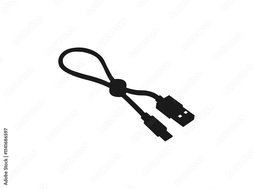Electricity cord, USB cable, jack cord. HDMI connecter black icon. Web sing for design. micro usb cable, black isolated silhouette. Vector symbol in trendy flat style on white background.