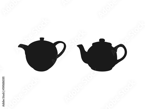Set of isolated icon silhouette Kettles, Teapots, Coffee pot. A teapot in the form of a badge, icon tea pot, herbal brew, boiling water. Teapot silhouette vector art white background.
