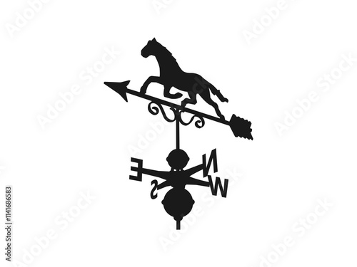 Rooster weather vane silhouette. rooster weather vane on white background. Weather vane silhouette. Weather vane rooster. Vector illustration. Weather vane icon isolated on white background.