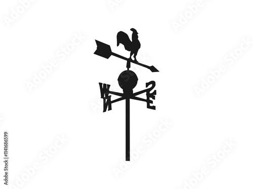 Rooster weather vane silhouette. rooster weather vane on white background. Weather vane silhouette. Weather vane rooster. Vector illustration. Weather vane icon isolated on white background.