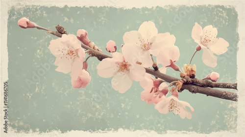 cherry blossom in retro style with grunge textured background