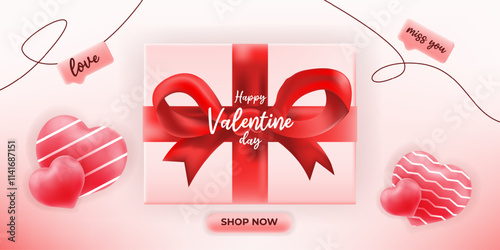 Valentine's Day Template gift box with a red ribbon, hearts, and bubble chat text. festive promotions, love-themed events, banner, or gifting campaigns