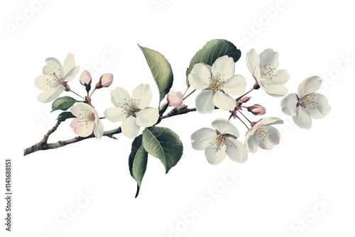 White cherry blossom branch isolated on white background