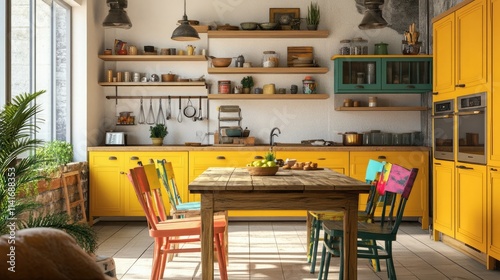 A  cozy kitchen with mustard yellow cabinets, open shelving, and a rustic wooden dining table. The chairs around the table are painted in different bright colors. photo