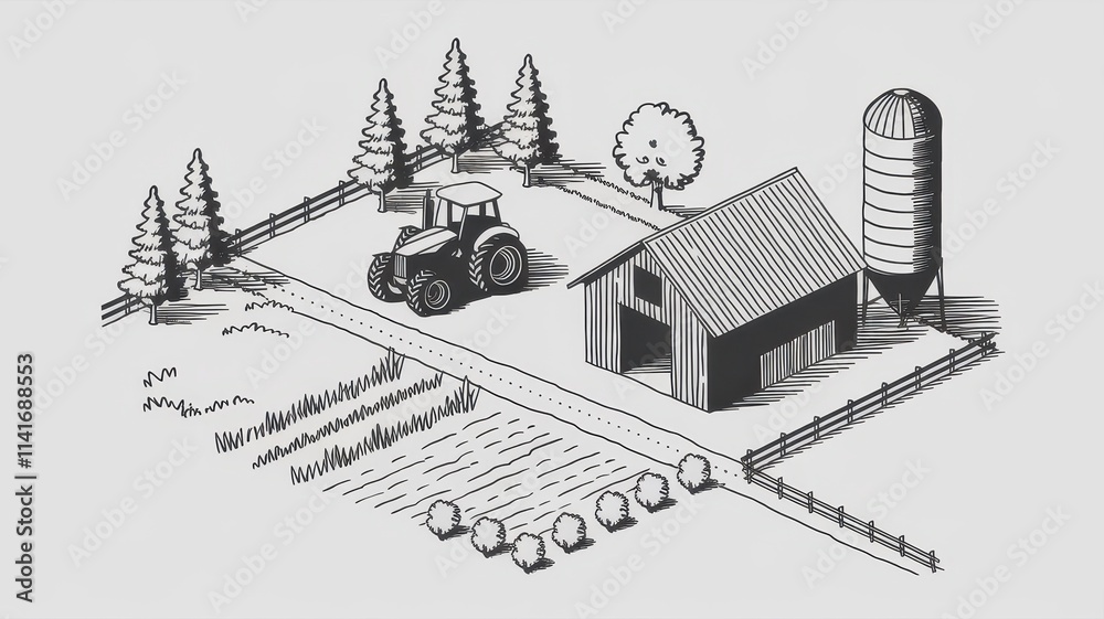 Isometric Drawing of a Farm Tractor Barn and Fields