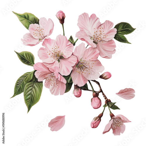 Pink cherry blossom branch isolated on white background