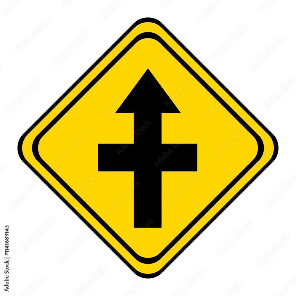 warning road sign on a yellow and black board in the shape of a rhombus. the road straight with adjoining cul-de-sac. warning road sign on a yellow and black board in the shape of a rhombus. the road straight with adjoining cul-de-sac.