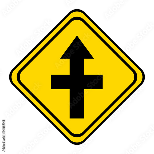 warning road sign on a yellow and black board in the shape of a rhombus. the road straight with adjoining cul-de-sac.