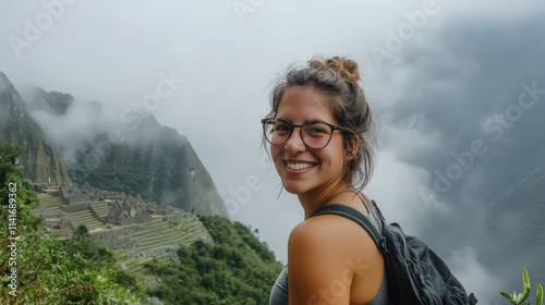 Smiling woman Machu PicchuPeruwomantravelerhappymountaincloudsmistancient