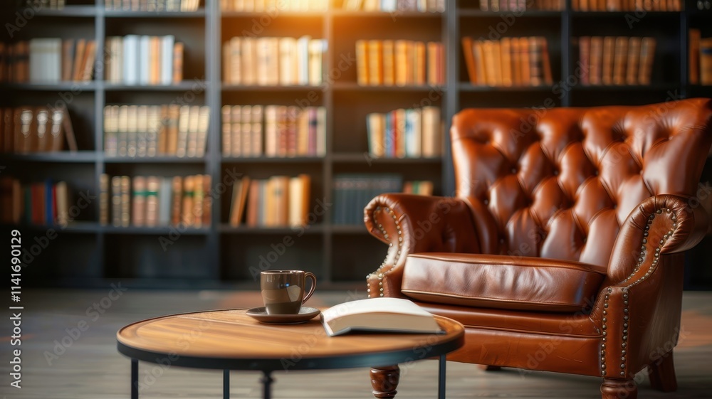 A cozy reading nook featuring a leather chair, coffee, and an open book, surrounded by a warm library atmosphere.