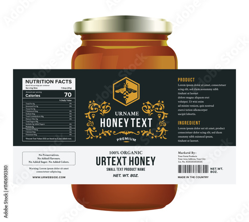 This honey label design features a premium organic honey jar with elegant gold product packaging, clear luxury, and a vantage professional layout.