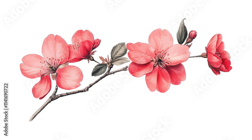 Red cherry blossom branch isolated on white background