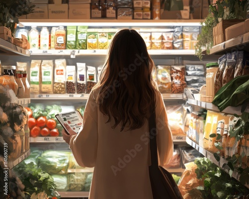 Mindful Grocery Shopping, Shopper Comparing Products in Grocery Aisle photo